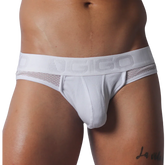 White ribbed jockstrap with breathable mesh side panels and a wide elastic waistband featuring the Gigo logo.