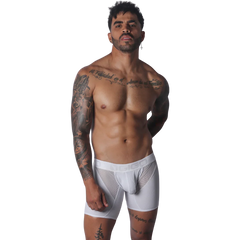 White Gigo trunk featuring a breathable mesh panel design and an elastic waistband with debossed logo branding.