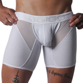 White Gigo trunk in ribbed material with sheer mesh side panels and a branded elastic waistband.