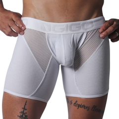 White Gigo trunk in ribbed material with sheer mesh side panels and a branded elastic waistband.