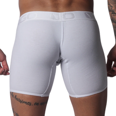 White ribbed cotton boxer trunk with a branded elastic waistband and centered back seam.