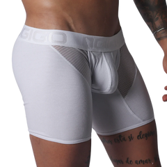 White ribbed trunks with mesh side panels and a wide elastic waistband featuring the GIGO logo.