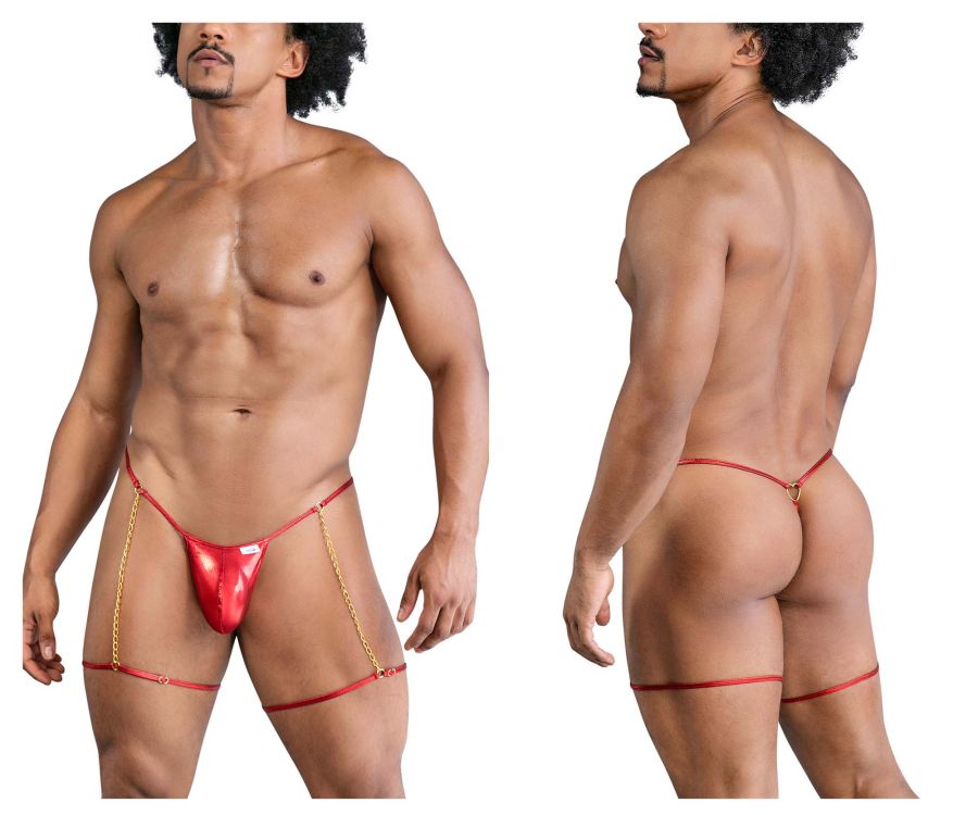 Red metallic thong with gold chain straps from candyman 99827 chain-garter thongs in color red shown from front