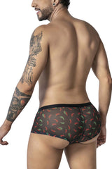 Black mesh CandyMan 99873 chili pepper trunks featuring a vibrant red and green chili pepper print