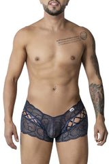 CandyMan 99916 lace trunks in navy feature dark blue lace with an intricate pattern and cutout design for men
