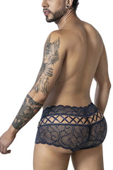 Navy candy man 99916 lace trunks featuring dark blue floral lace and a crisscross design front view