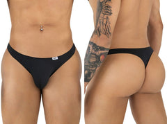 Black CandyMan 99930 thong with a small white brand tag on the waistband showing the back side