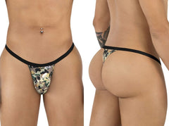 CandyMan 99939 thong in camouflage pattern with black elastic waistband shown from the back side