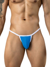 Turquoise minimalist men's thong underwear with white trim worn by a model.