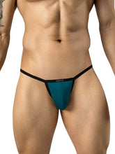 Clever Moda petrol blue sleek thong with black trim worn on a man.