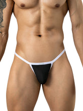 Clever Moda black thong with white trim worn by a man.