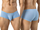 Front and back views of light blue ribbed trunks with a small Clever logo tag on the waistband.