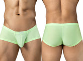 Neon green Clever Moda Cronos trunks worn on a male model, front and back views.