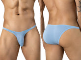 Front and back view of light blue low-rise briefs on a male model.