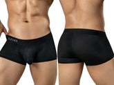 Front and back views of a man wearing black mesh trunks with a branded waistband.