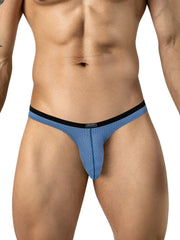Clever Moda steel blue ergonomic briefs with mesh texture and black contrast waistband worn by a man.