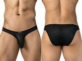 Front and back views of a model wearing black mesh Ulises briefs.