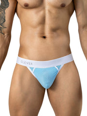 Light blue mesh thong with white trim and a wide white waistband displaying the brand name "CLEVER".