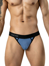 Steel blue mesh thong with a black elastic waistband featuring the Clever logo, worn on a male torso.