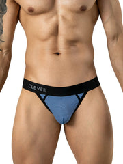 Steel blue mesh thong with a black elastic waistband featuring the Clever logo, worn on a male torso.