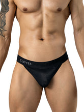 A man modeling black Clever thong underwear with a perforated mesh front pouch and branded elastic waistband.