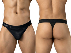 Front and back views of a man wearing black mesh thong underwear with a logo waistband.
