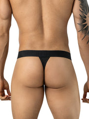 Rear view of a man wearing a black thong with a wide waistband.