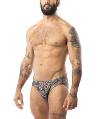 Core bikini timber patterned swim trunks in camouflage with subtle orange accents perfect for outdoor activities