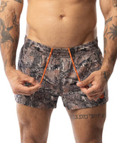 Core swim trunk timber camouflage patterned swim trunks with bright orange drawstrings for casual beachwear