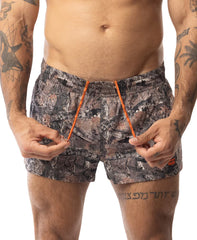 Core swim trunk timber camouflage patterned swim trunks with bright orange drawstrings for casual beachwear