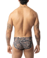 Core bikini timber camouflage briefs with earthy tones and detailed foliage design in soft breathable fabric
