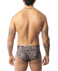 Core bikini timber camouflage briefs with earthy tones and detailed foliage design in soft breathable fabric