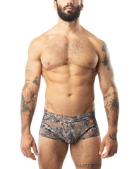 Camouflage patterned men’s briefs core square cut timber with subtle orange logo on the side