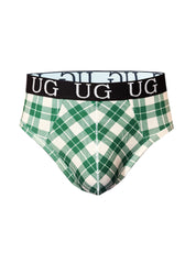 Green and white plaid men’s briefs with a black ug logo waistband in country style plaids fit contour jockstrap design