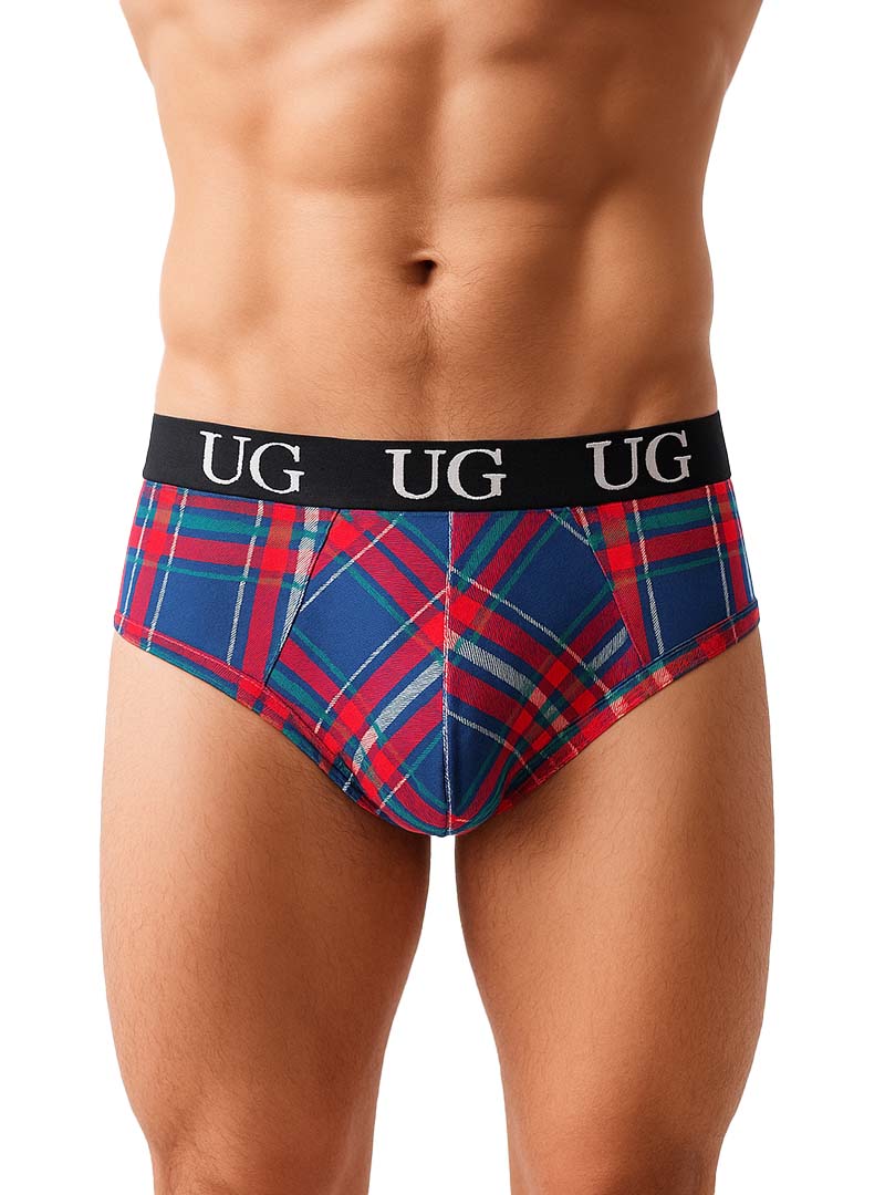 Blue red and white plaid country style plad fit contour jockstrap briefs with black ug logo waistband for men