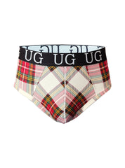 Country style plaids fit contour jockstrap with plaid pattern and black waistband featuring white ug branding