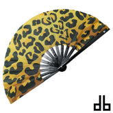 Daft boy fan leopard is a vibrant yellow and black leopard-print folding fan with a sleek black handle