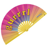A vibrant rainbow-gradient daftboy fan with bold yellow lettering spelling gurrrl and a small defiboy logo on the edge