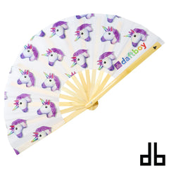 Daftboy fan unicorn emoji white folding fan with purple mane cartoon unicorns and rainbow horns on yellow bamboo ribs