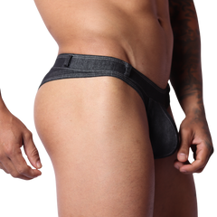 Denim Black Thong front view by Gigo Underwear