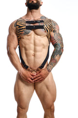 Dngeon croptop harness black leather with tiger stripe pattern and metal clasps for edgy fashion use