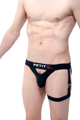Black petitq men’s briefs with side straps and red logo designed for comfort and support in active wear