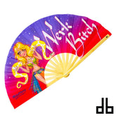 Daft boy fan vibrant colorful folding fan with cartoon blonde woman snake and bold work bitch text on gradient background