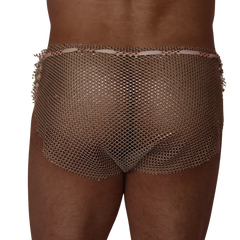 Gigo Diamond beige hot shorts feature a sheer, metallic-toned chainmail mesh design with a thin, light-colored waistband.