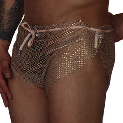 Gigo Diamond beige hot shorts: metallic, sheer mesh design with a drawstring waist and high-cut leg style.