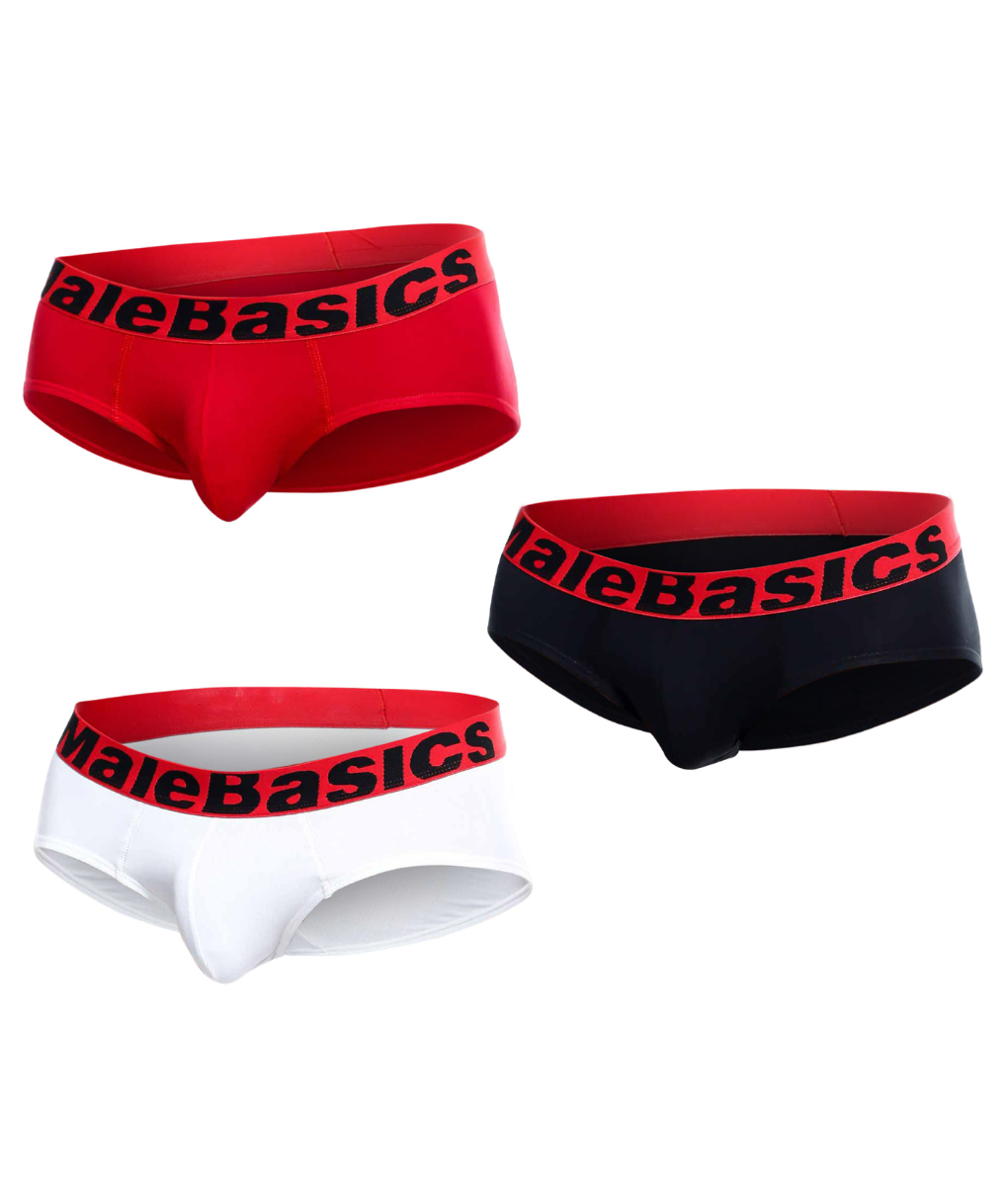 Malebasics 3-pack briefs in red black and white with contrasting elastic waistbands featuring bold brand name