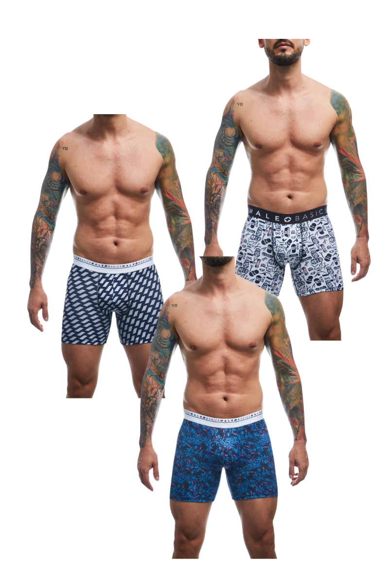 Men’s boxer briefs bundle by malebasics in navy blue with geometrics, white with skulls, and deep blue patterns