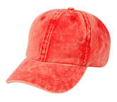 A coral-colored vintage washed cotton cap with distressed denim and visible stitching for casual wear