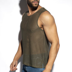 Olive green formentera retro tank top featuring breathable mesh material and a sleeveless design for casual wear