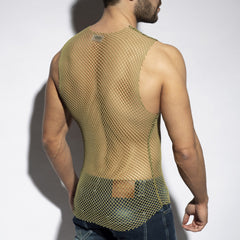 Beachy net tank top tan mesh fitted sleeveless design with a slightly curved hemline